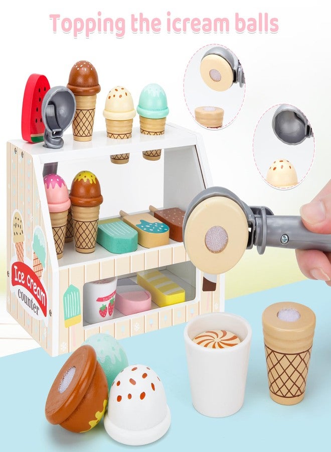 ZJEFUNS Wooden Ice Cream Toys for Kids Ice Cream Counter Shop for Toddlers Pretend Play Food Scoop and Serve with Scoop & Menu & Fake Money for Boys and Girls Ages 3 4 5 6 (Beige) - Image 3